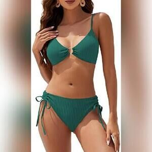 NWT ZAFUL Women's Ribbed O Ring Bikini Set Tie Side Cheeky Swimsuit, 6